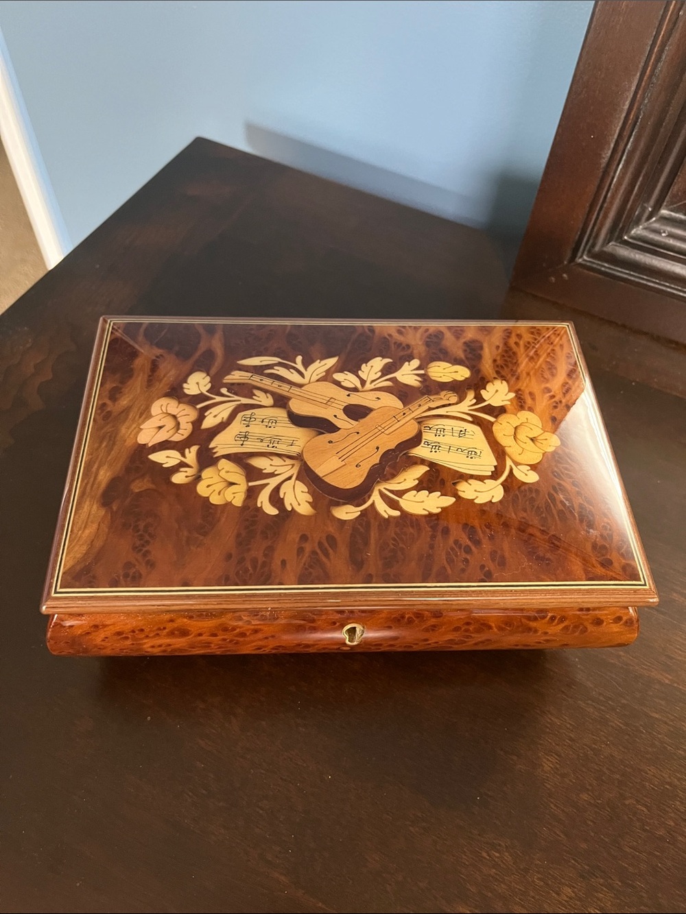 Vintage Italian Wood Inlay Music Box with Key